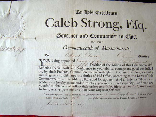 A Massachuestts Military Appointment of an Ensign signed by Gov. CALEB STRONG on Sept. 17, 1804